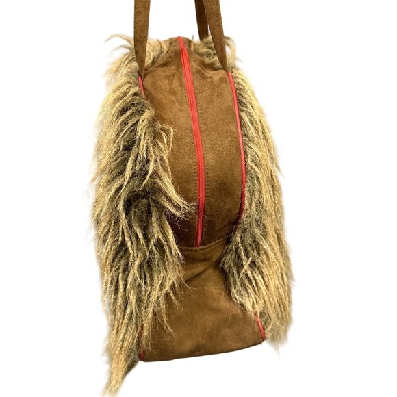 Atenti Brown Faux Fur Shag Weekender Overnight Travel Bag Red Trim Vintage - Picture 4 of 13